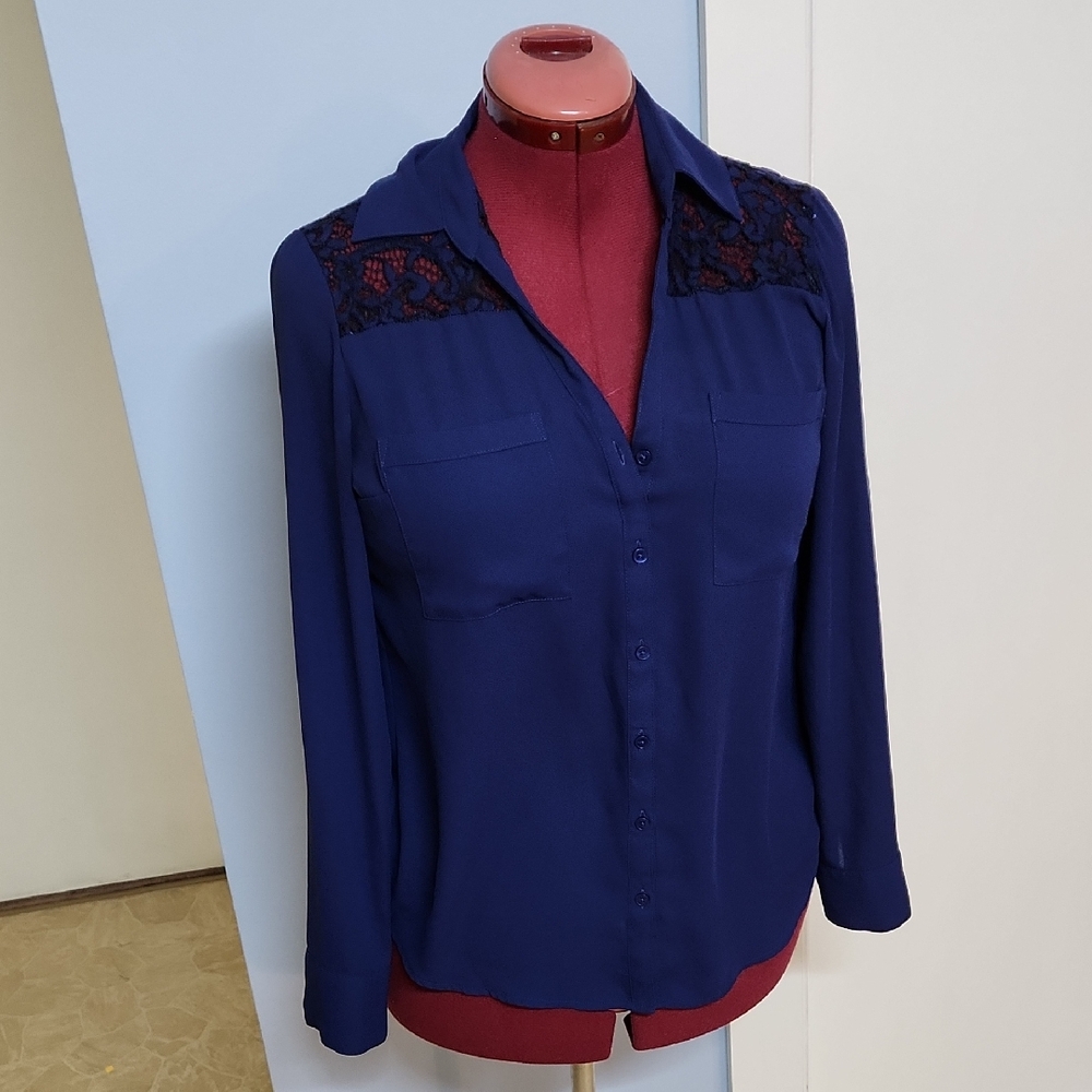 Lightweight Navy Blue Blouse Eith Lace Accent